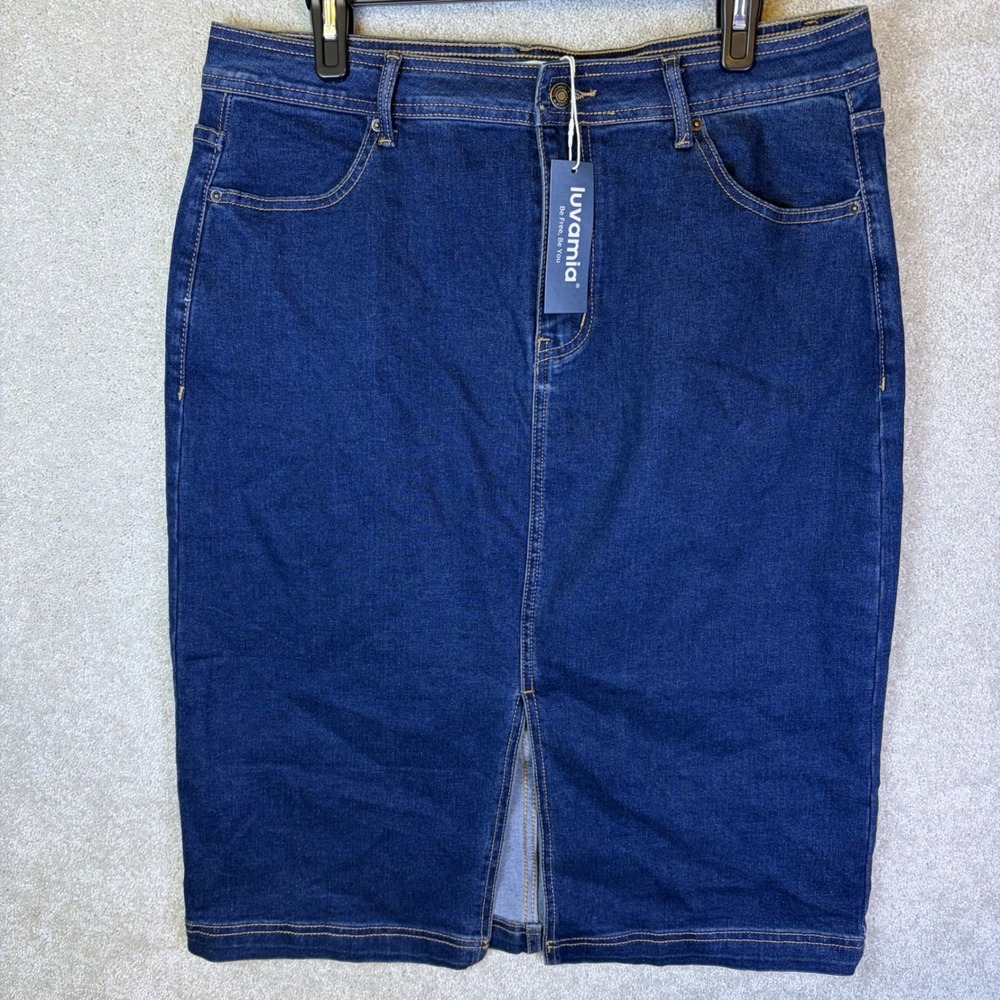 Luvamia Denim Skirt Womens XL Blue Stretch Front Slit Midi Pencil Classic Dark